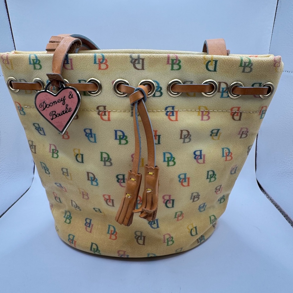 Dooney & Bourke Yellow Logo Bucket Bag with Tan Leather Trim